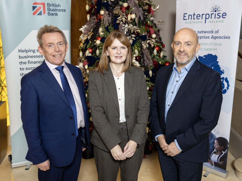 Michael McQuillan, Dr Caoimhe Archibald , Jonathan McAlpin at the Enterprise Barometer 2025